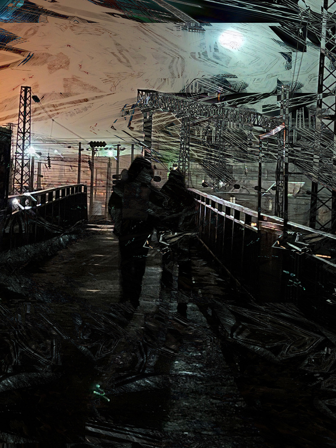 Industrial area under full moon with distortion