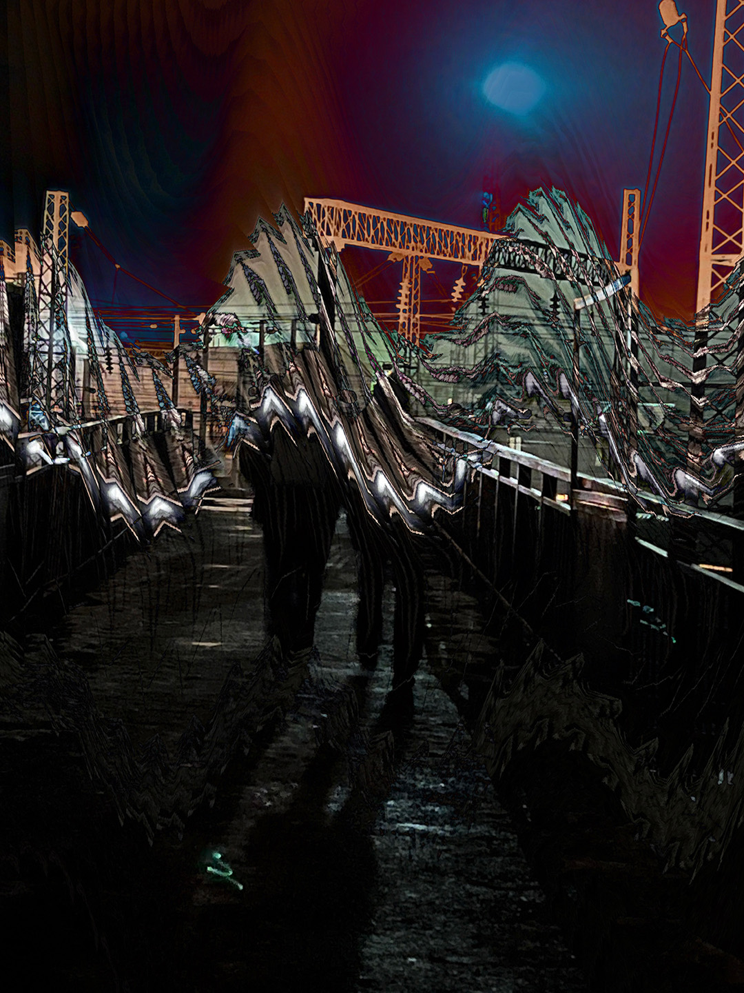 Contact wires and shadows in night scene