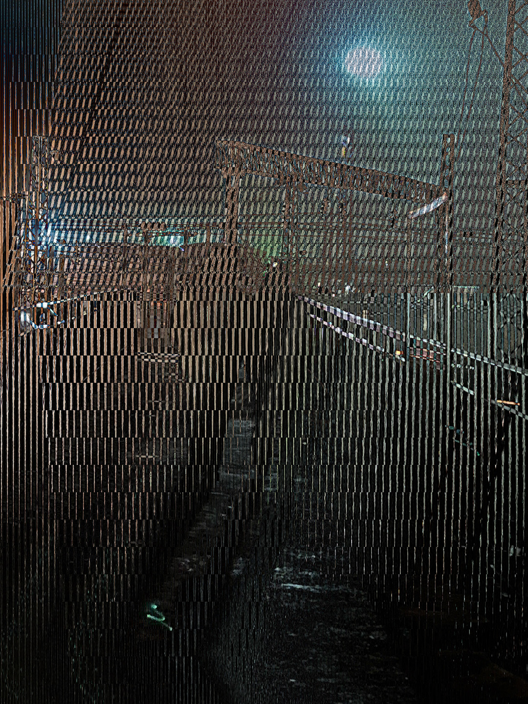 Moonlit railway bridge with glitch effects